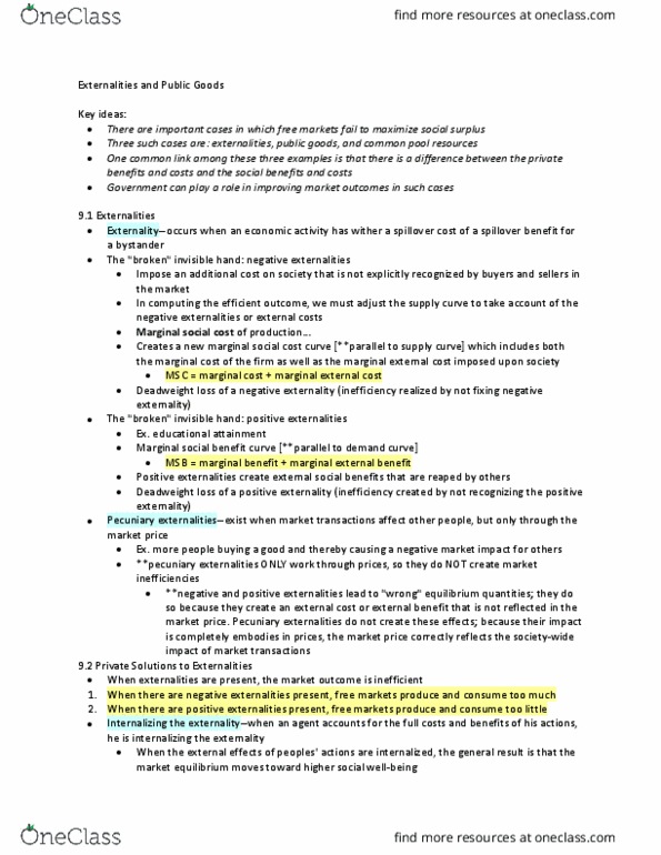 ECON-1020 Chapter Notes - Chapter 9: Common-Pool Resource, Deadweight Loss, Externality thumbnail