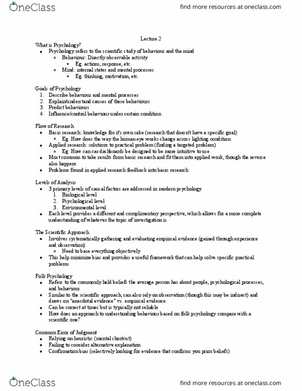 PSYC 220 Lecture Notes - Folk Psychology, Confirmation Bias, Scientific Method thumbnail