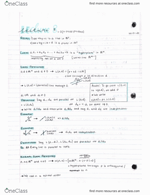 Mathematics 1600A/B Lecture Notes - Lecture 8: Cross Product, Linear Combination cover image