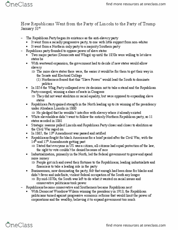 POLS 125 Chapter Notes - Chapter NA: How Republicans Went from the Party of Lincoln to the Party of Trump: Slave Power, Southern Democrats, Equal Protection Clause thumbnail