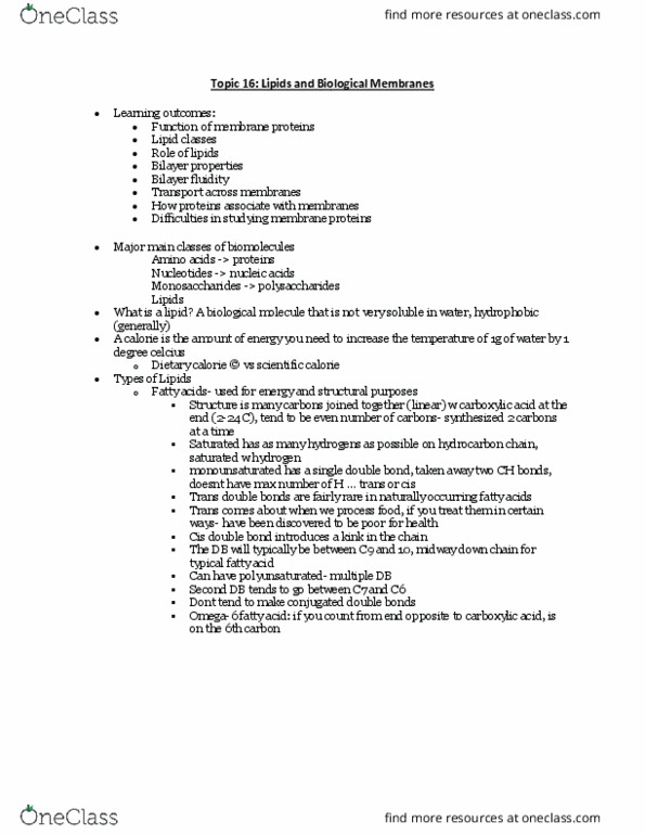 Biochemistry 2280A Lecture Notes - Lecture 16: Monounsaturated Fat, Sphingolipid, Passive Transport thumbnail