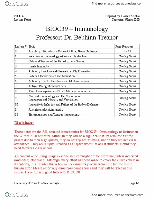 BIOC39H3 Lecture Notes - Lecture 1: Mucosal Immunology, Beta Cell, Antibody thumbnail