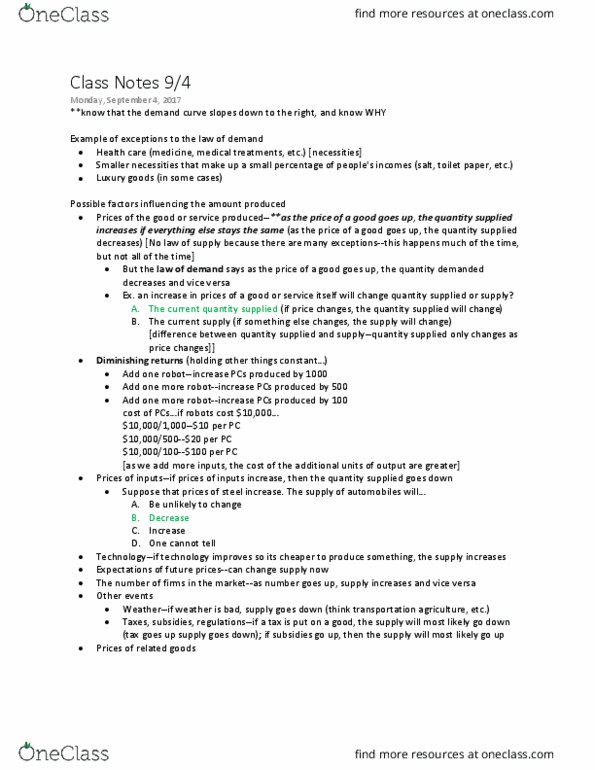 ECON-1010 Lecture Notes - Lecture 2: Demand Curve, Diminishing Returns thumbnail