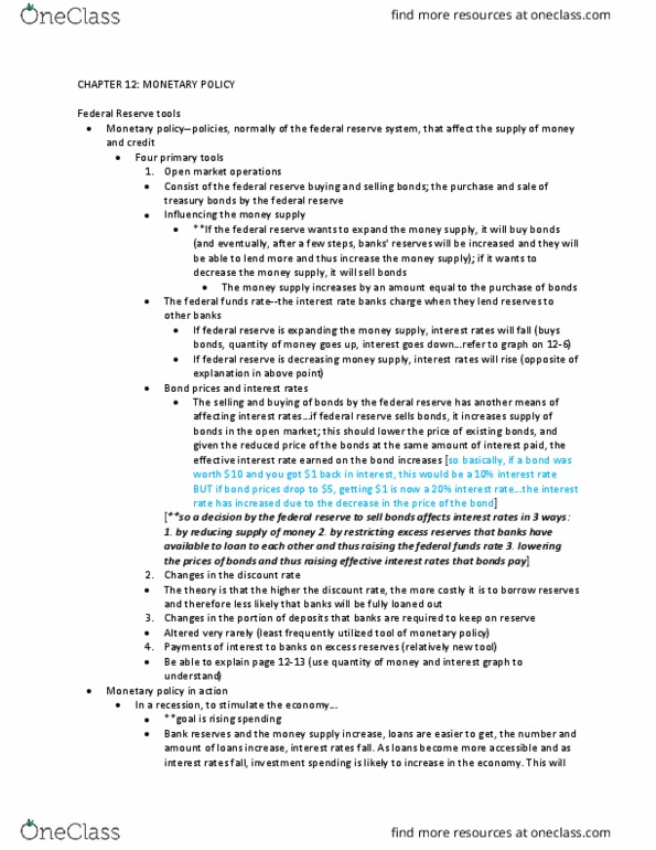 ECON-1010 Chapter Notes - Chapter 12: Federal Funds Rate, Effective Interest Rate, Open Market Operation thumbnail