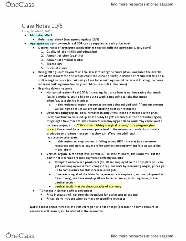 ECON-1010 Lecture Notes - Lecture 11: Aggregate Supply thumbnail