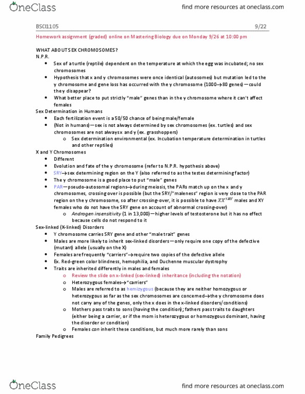 BSCI-1105 Lecture Notes - Lecture 10: Npr, Y Chromosome, Chromosome thumbnail