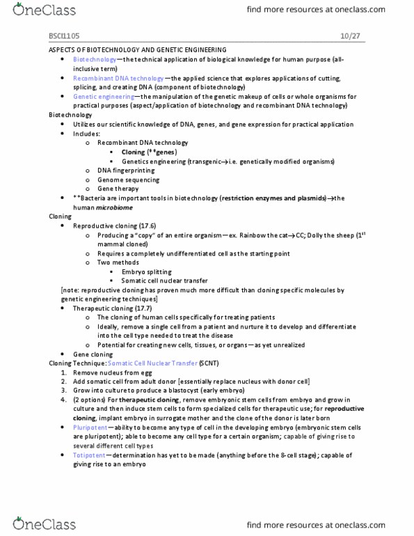 BSCI-1105 Lecture Notes - Lecture 15: Embryonic Stem Cell, Somatic Cell Nuclear Transfer, Genetically Modified Organism thumbnail