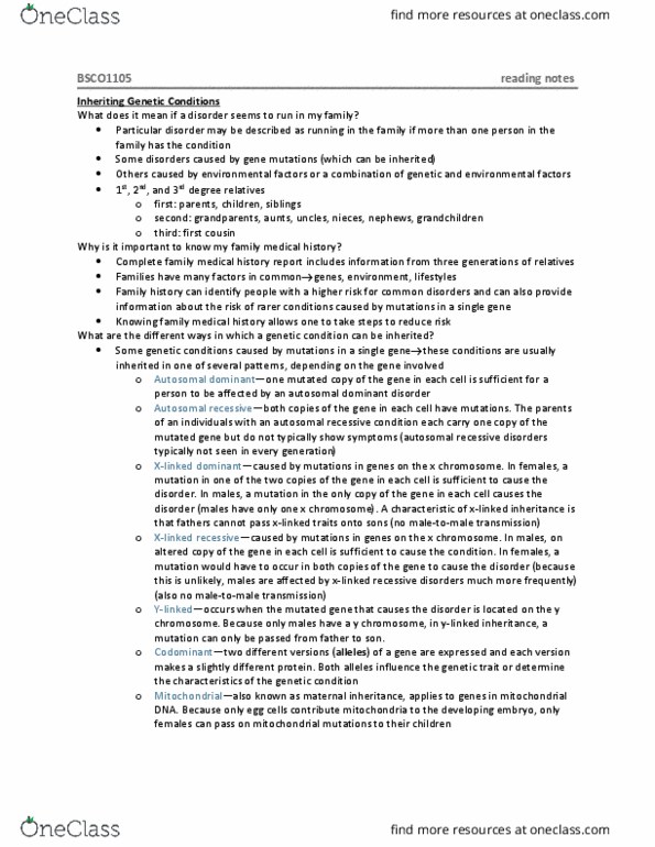 BSCI-1105 Lecture Notes - Lecture 25: Dominance (Genetics), Chromosome, Trinucleotide Repeat Disorder thumbnail