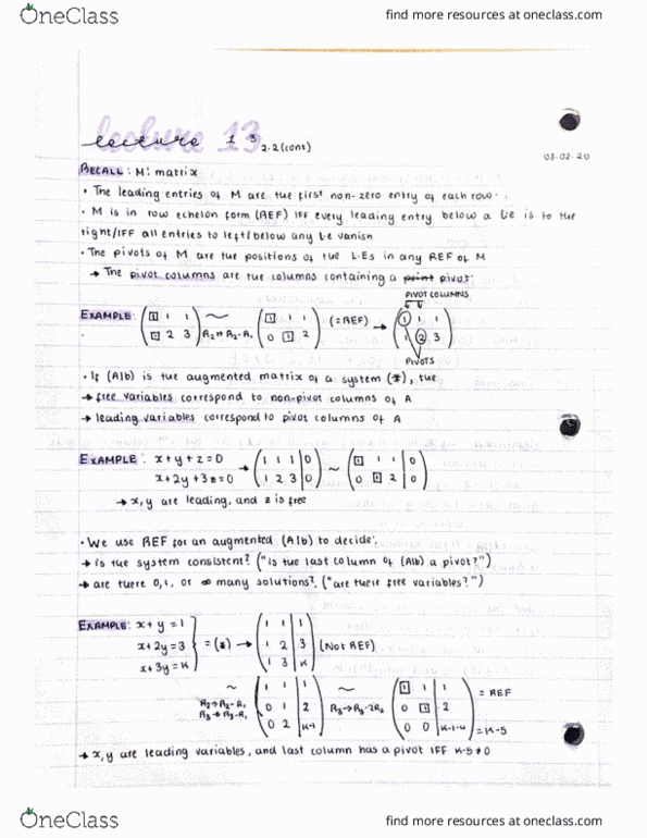 Mathematics 1600A/B Lecture Notes - Lecture 13: List Of Sega Arcade System Boards, Augmented Matrix, Row Echelon Form cover image