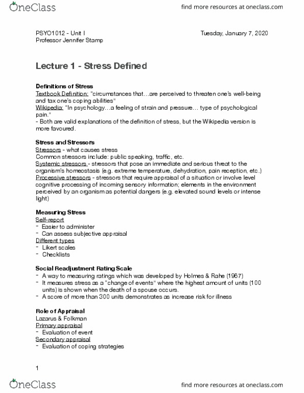 PSYO 1012 Lecture Notes - Lecture 1: Health Effects From Noise, Homeostasis, Trier Social Stress Test thumbnail