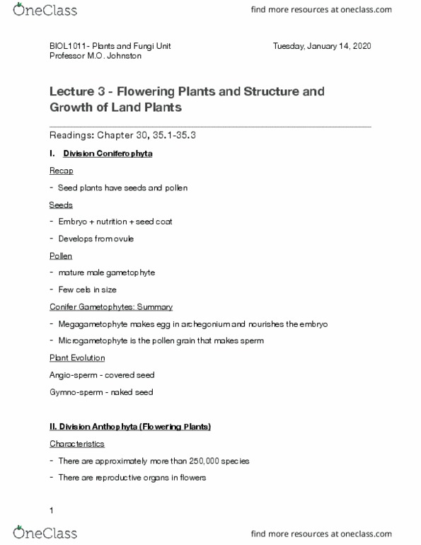 BIOL 1011 Lecture Notes - Lecture 3: Pollen, Gametophyte, Gymnosperm thumbnail