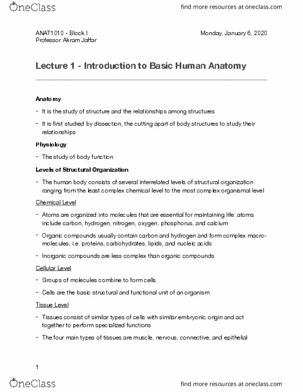 ANAT 1010 Lecture Notes - Lecture 1: Thoracic Cavity, Anatomical Terminology, Sagittal Plane thumbnail