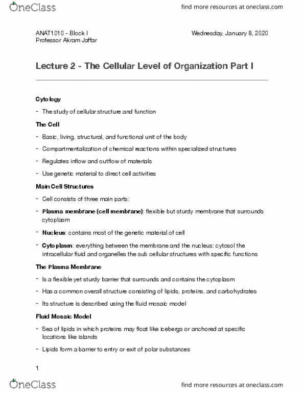 ANAT 1010 Lecture Notes - Lecture 2: Fluid Mosaic Model, Cytosol, Carbohydrate thumbnail