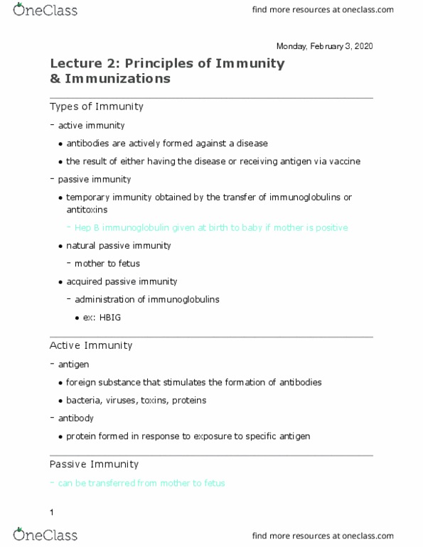 NUR 416 Lecture Notes - Lecture 2: Passive Immunity, Antigen, Fetus thumbnail