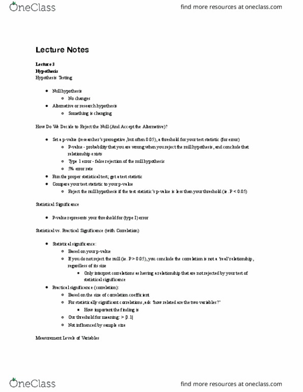 MGT 496 Lecture Notes - Lecture 3: Type I And Type Ii Errors, Null Hypothesis, Test Statistic thumbnail