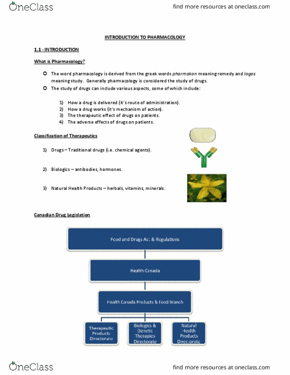 Pharmacology 2060A/B Lecture Notes - Lecture 1: Natural Health Product, Pharmacology, Antibody thumbnail