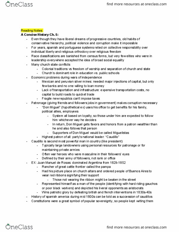 HIST 8B Chapter Notes - Chapter 5: Caudillo, Miguelist, Pampas thumbnail