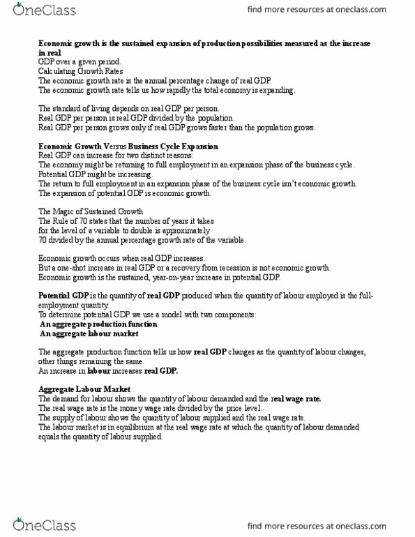 Economics 1022A/B Lecture Notes - Lecture 10: Real Wages, Potential Output, Business Cycle cover image