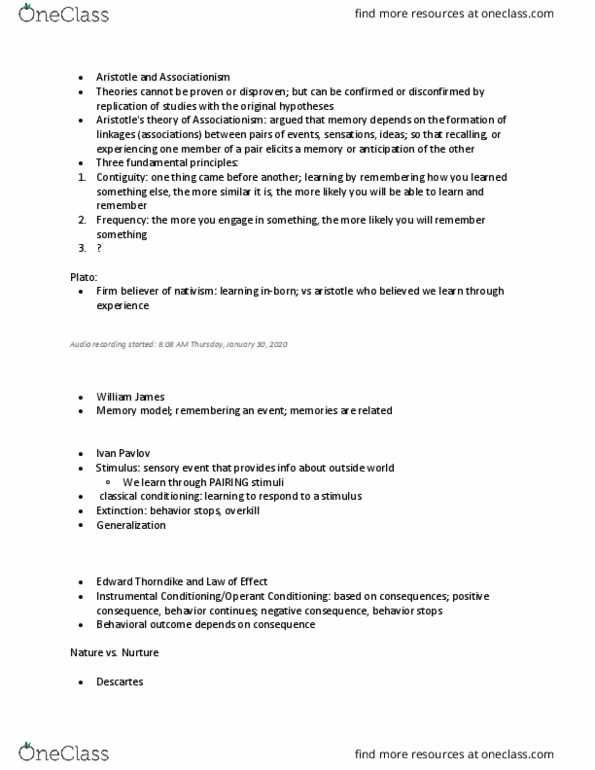 PSYCH 250 Lecture Notes - Lecture 1: Edward Thorndike, Associationism, Contiguity thumbnail