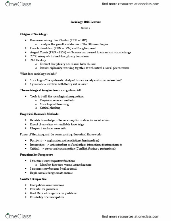 Sociology 1025A/B Lecture Notes - Lecture 14: The Sociological Imagination, Auguste Comte, Interdisciplinarity thumbnail