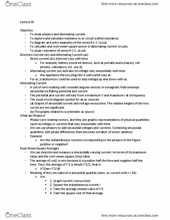 PHY 2020 Lecture Notes - Lecture 38: Phasor, Alternating Current, Angular Velocity thumbnail