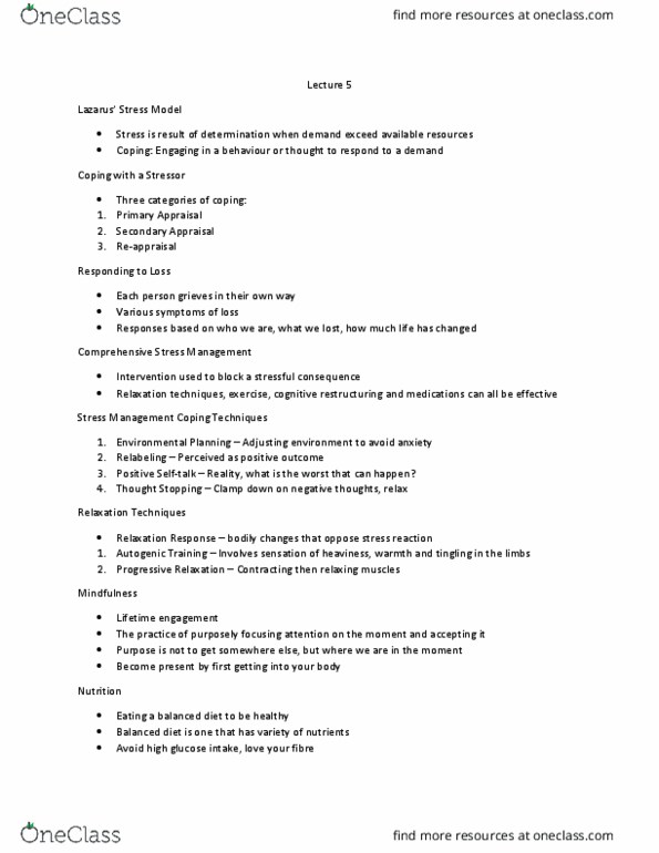 HPED 1040 Lecture Notes - Lecture 5: Progressive Muscle Relaxation, Cognitive Restructuring, Stressor thumbnail