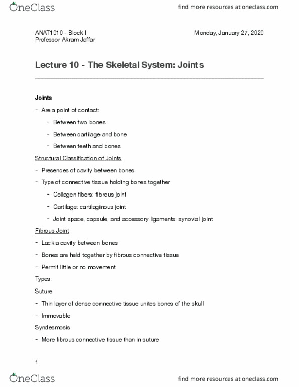 ANAT 1010 Lecture Notes - Lecture 10: Cartilaginous Joint, Cartilage, Ligament thumbnail