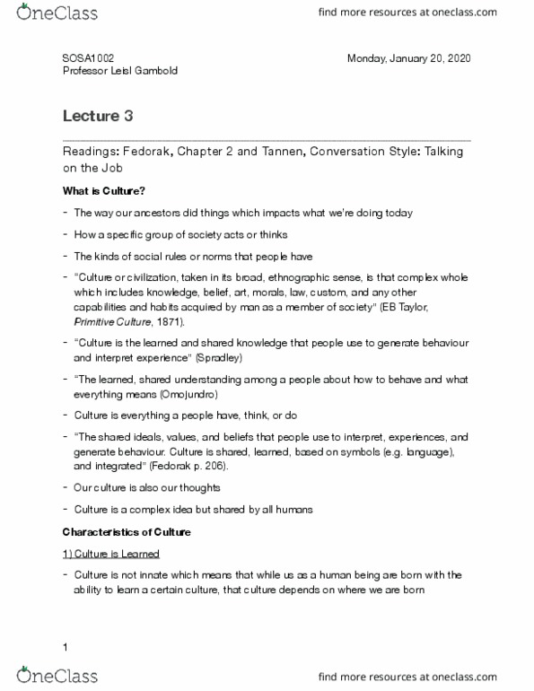 SOSA 1002 Lecture Notes - Lecture 3: Applied Anthropology, Making Money, Enculturation thumbnail