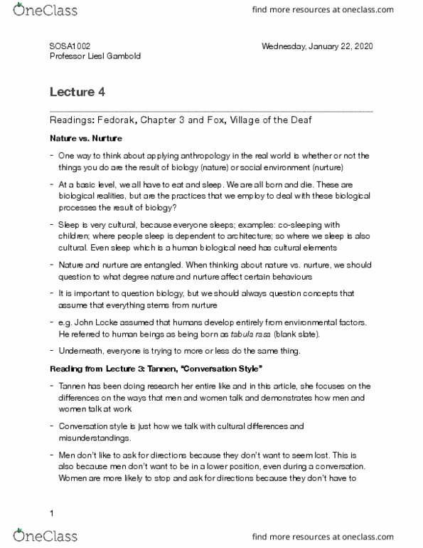 SOSA 1002 Lecture Notes - Lecture 4: Tabula Rasa, Discourse Analysis, Language Policy thumbnail
