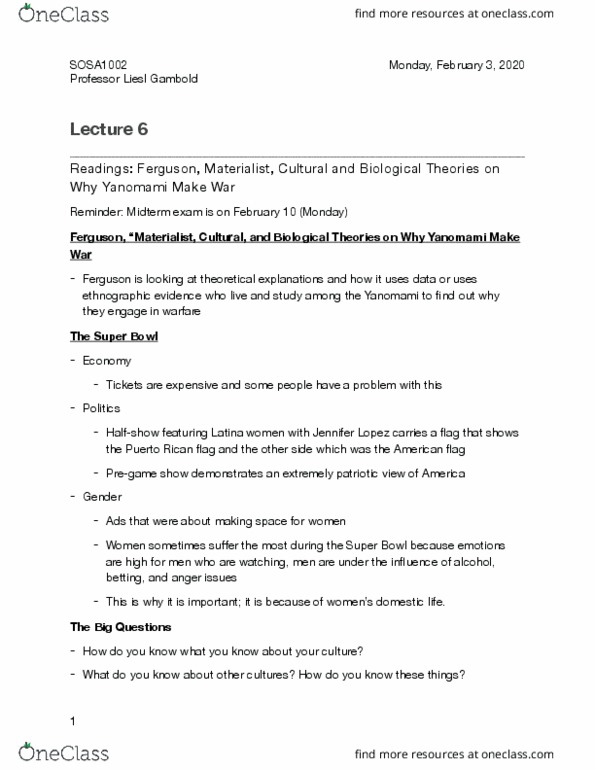 SOSA 1002 Lecture Notes - Lecture 6: The Big Questions, Franz Boas, Margaret Mead thumbnail