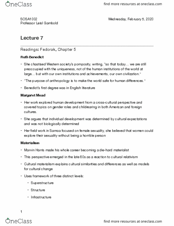 SOSA 1002 Lecture Notes - Lecture 7: Marvin Harris, Margaret Mead, Cultural Relativism thumbnail