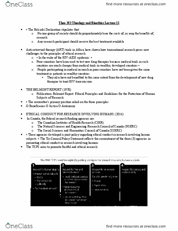 THEO 353 Lecture Notes - Lecture 11: Belmont Report, Natural Sciences And Engineering Research Council, Research thumbnail