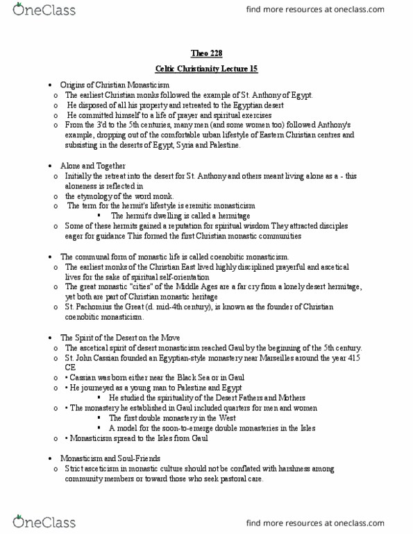 THEO 228 Lecture Notes - Lecture 15: Christian Monasticism, Cenobitic Monasticism, Double Monastery thumbnail