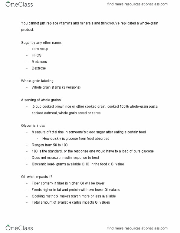 NFS 244 Lecture Notes - Lecture 6: Glycemic Load, Corn Syrup, Whole Grain thumbnail