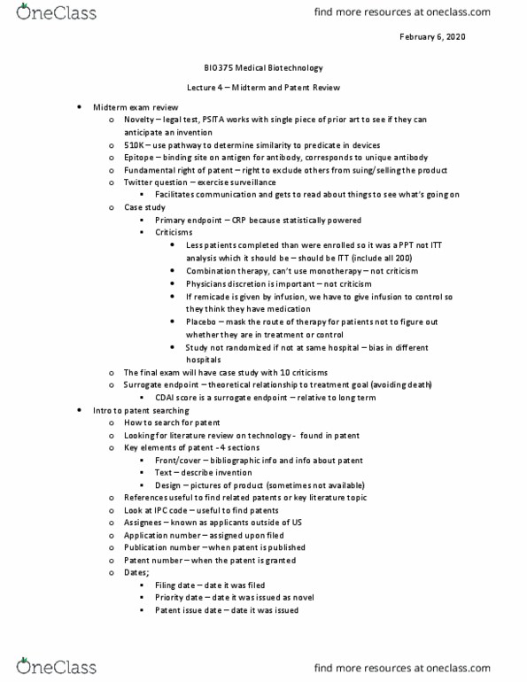 BIO375H5 Lecture Notes - Lecture 4: Surrogate Endpoint, List Of Ioc Country Codes, Infliximab thumbnail