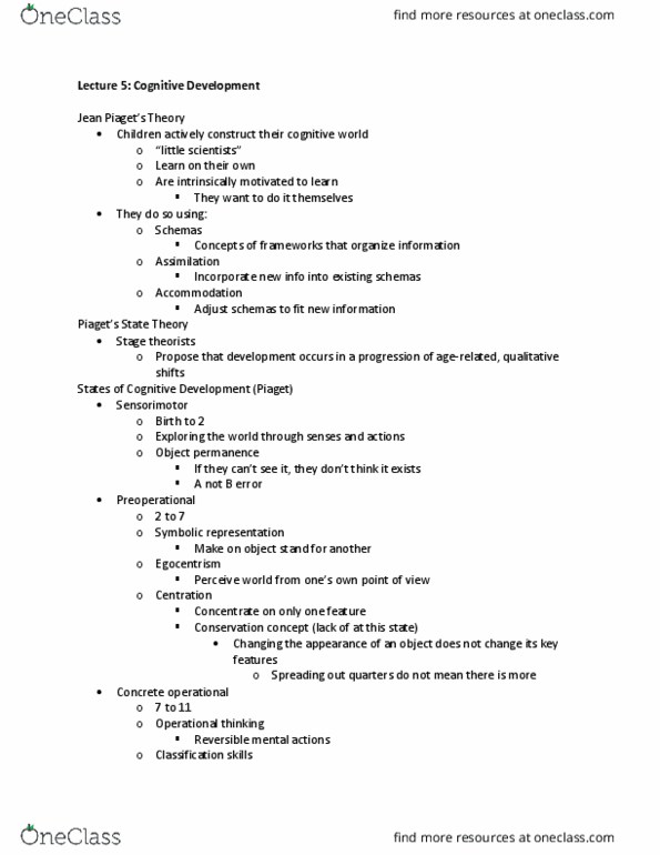 PSYC 1101 Lecture Notes - Lecture 5: Object Permanence, Egocentrism, Metacognition thumbnail