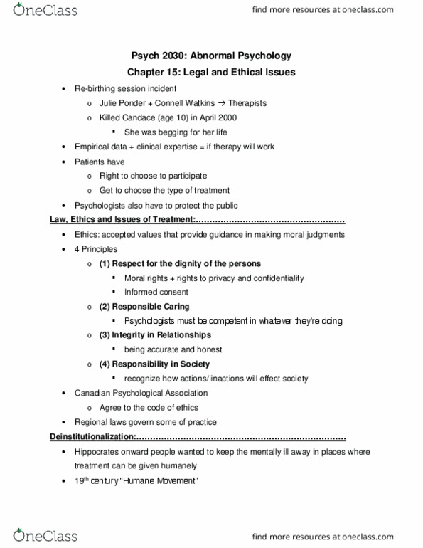 Psychology 2030A/B Chapter Notes - Chapter 15: Canadian Psychological Association, Deinstitutionalisation, Moral Rights thumbnail