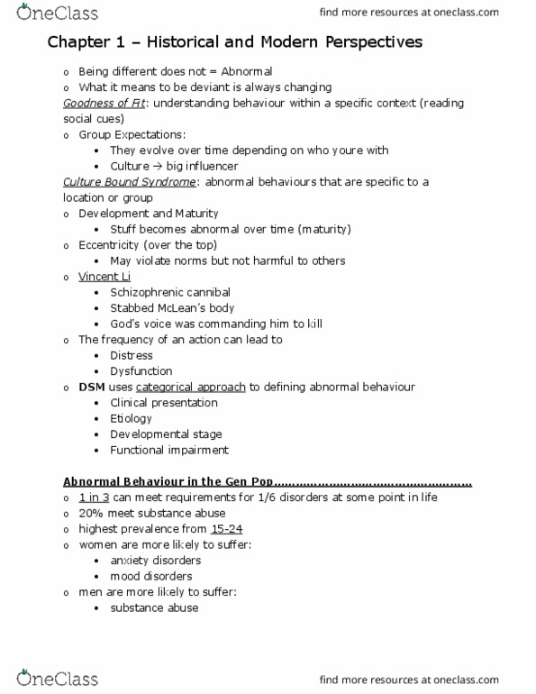 Psychology 2030A/B Chapter Notes - Chapter 1: Anxiety Disorder, Etiology, Behaviorism thumbnail