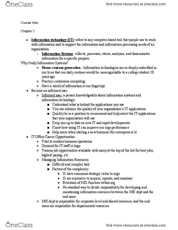 MIS 301 Lecture Notes - Lecture 1: Continuous Computing, Information System, Business Process thumbnail