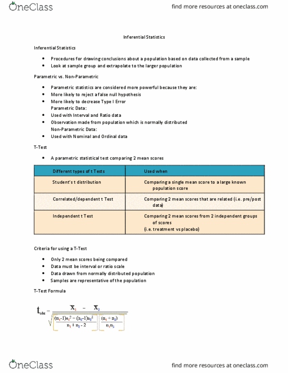 HPED 2030 Lecture Notes - Lecture 2: Parametric Statistics, Null Hypothesis, Statistical Hypothesis Testing thumbnail