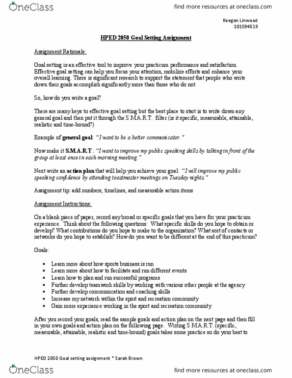 HPED 2050 Lecture Notes - Lecture 2: Goal Setting thumbnail