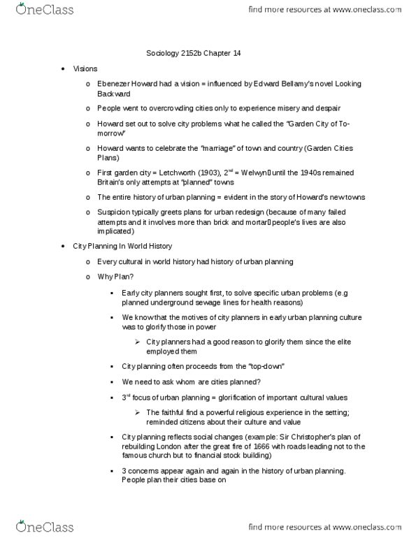 Sociology 2152A/B Chapter Notes - Chapter 14: City Beautiful Movement, New Towns Act 1946, Radburn Design Housing thumbnail