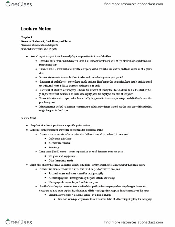 B A 323 Chapter Notes - Chapter 3: Retained Earnings, Accounts Payable, Cash Flow thumbnail