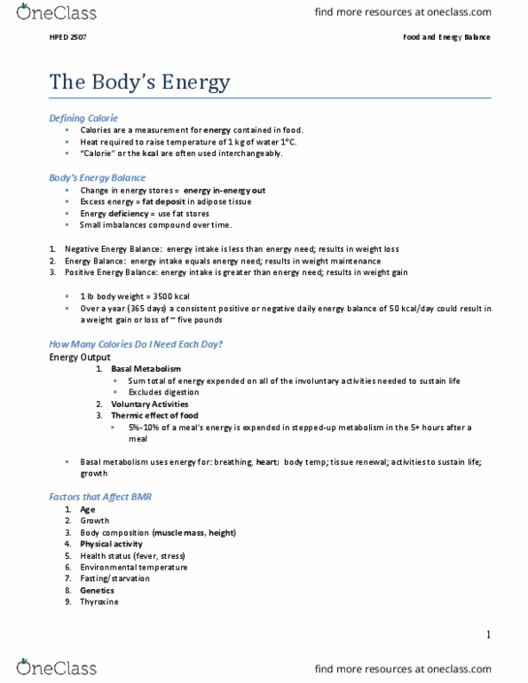 HPED 2507 Lecture Notes - Lecture 8: Adipose Tissue, Thyroid Hormones, Calorie thumbnail