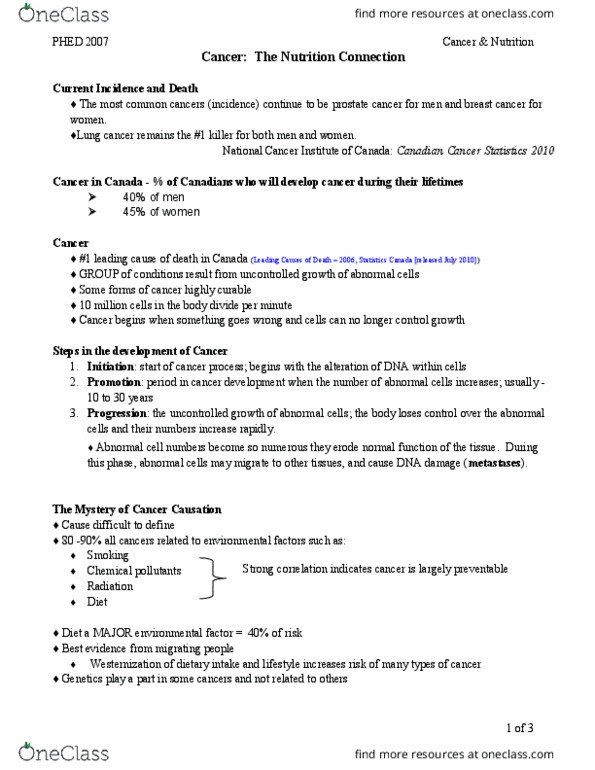 HPED 2507 Lecture Notes - Lecture 1: National Cancer Institute, Prostate Cancer, Lung Cancer thumbnail