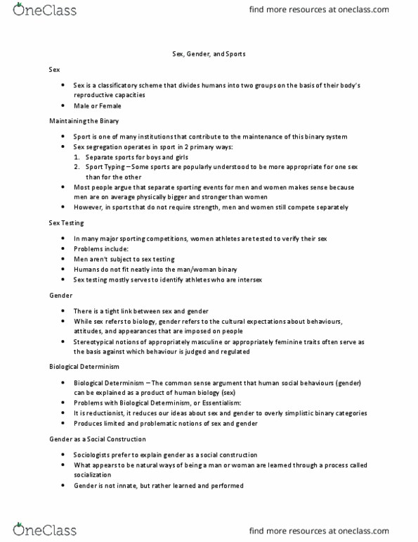 HPED 3010 Lecture Notes - Lecture 7: Sex Segregation, Reductionism, Femininity thumbnail