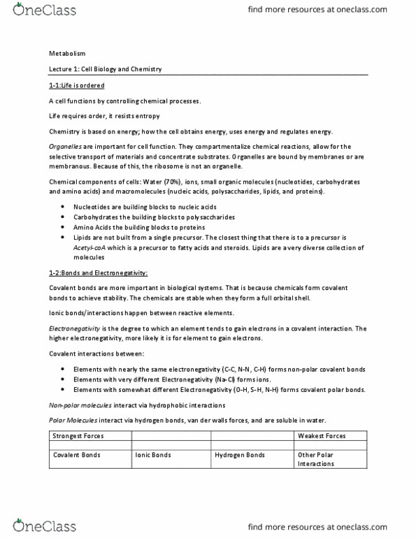 BIOL 540 Lecture Notes - Lecture 1: Chemical Polarity, Electronegativity, Hydrophobic Effect thumbnail