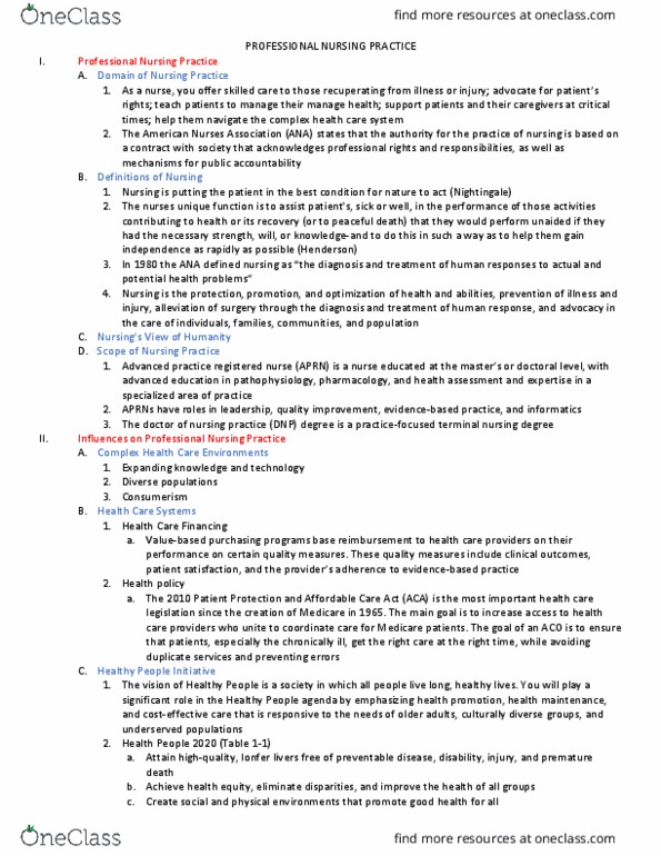 NUR 1211C Chapter Notes - Chapter Test 2: Patient Protection And Affordable Care Act, American Nurses Association, Health Promotion thumbnail