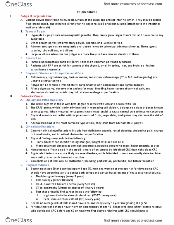 NUR 1211C Chapter Notes - Chapter Test 4: Familial Adenomatous Polyposis, Fecal Occult Blood, Virtual Colonoscopy thumbnail