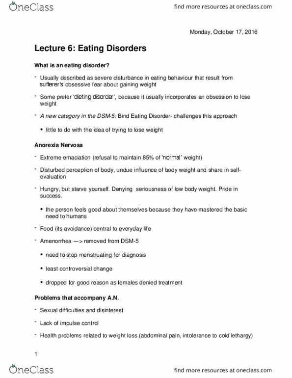 HLTHAGE 1CC3 Lecture Notes - Lecture 6: Anorexia Nervosa, Abdominal Pain, Eating Disorder thumbnail